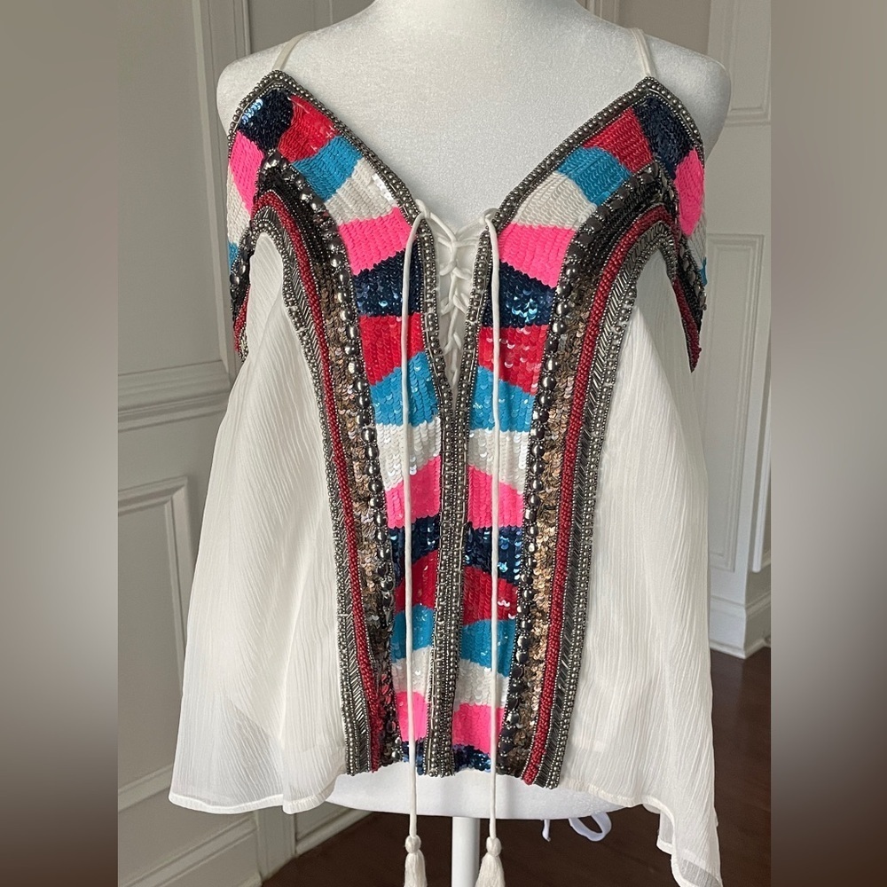 Venus Sequin Beaded Babydoll Top Women’s Small White Chiffon Cotton Lined